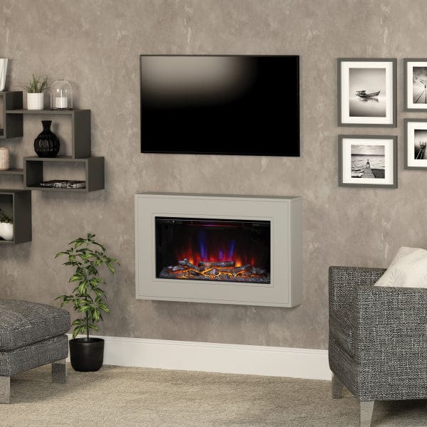 FLARE Albali 38&quot; Wall Mounted Electric Fire In Stone Painted Finish In A Room Setting With TV Above