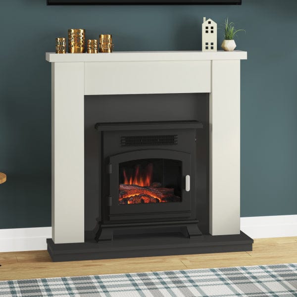 FLARE 42&quot; Ravensdale Timber Electric Fireplace In Soft White Finish With Anthracite Back Panel &amp; Hearth With FLARE Banbury 16&quot; Inset Electric Stove Pictured In A Room Setting