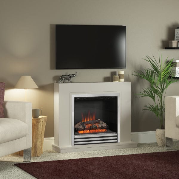 FLARE Colby 38" Timber Electric Fireplace In Stone Finish With Integrated Widescreen Electric Fire In Chrome Pictured In A Room Setting