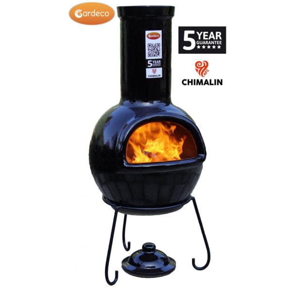 Gardeco Sempra Large Black Chimalin AFC Chiminea With Burning Logs | SKU: AFC-C21.75 | Barcode: 5031599044613