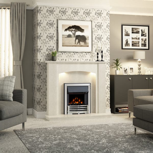 FLARE Aspen 16" Inset Electric Fire In Chrome Finish With FLARE White Micro Marble Surround With Smartsense And Undermantel Lighting Pictured In A Room Setting