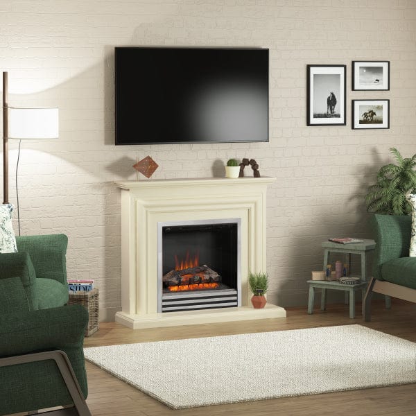 FLARE Carina 44" Timber Electric Fireplace In Ivory Painted Finish With Integrated Chrome Electric Fire Pictured In A Room Setting