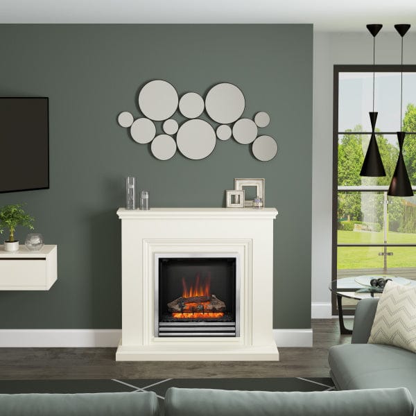 FLARE 46" Stanton Electric Fireplace In Soft White Finish With Integrated Widescreen Chrome Fire Pictured In A Room Setting