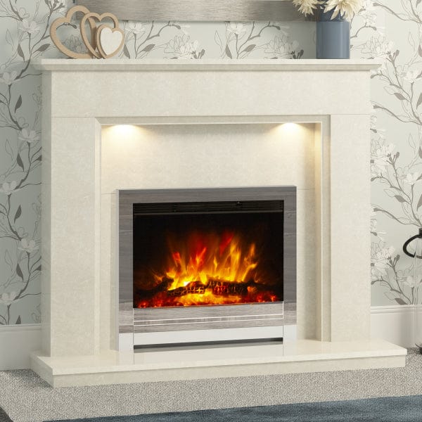 FLARE Madalyn 52&quot; Micro Marble Electric Fireplace With FLARE Beam 22&quot; Chrome Electric Fire In A Room Setting