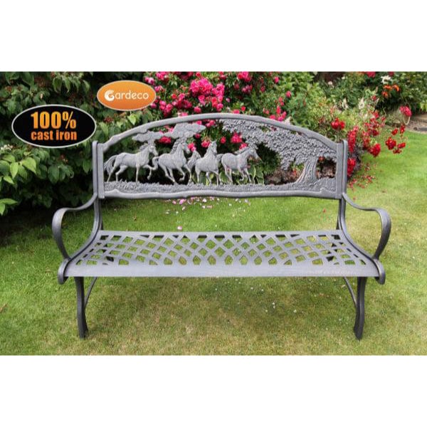 Gardeco Country Cast Iron Bench With Horses And Tree In A Garden Setting | SKU: BENCH-COUNTRY | Barcode: 5031599039442