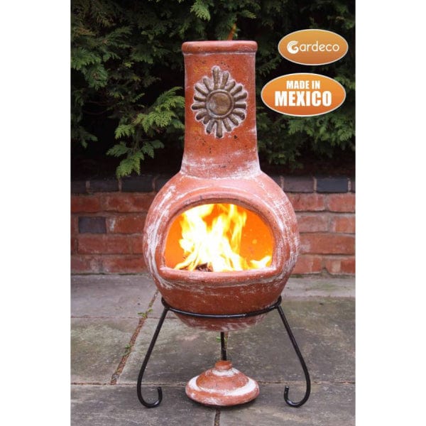 Gardeco Large Sol Mexican Chiminea In Rustic Orange With Burning Logs Inside | SKU: C21SL.37 | Barcode: 5031599045481