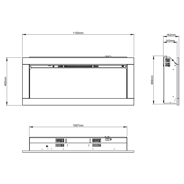 Dimensions Of FLARE 45" Avella Grande Inset Wall Mounted Electric Fire