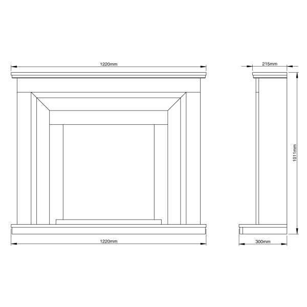 Dimensions / Drawings Of FLARE Whitham 48" Timber Electric Fireplace In Soft White Painted Finish With Integrated Widescreen Electric Fire In Black Nickel