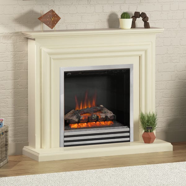 FLARE Carina 44&quot; Timber Electric Fireplace In Ivory Painted Finish With Integrated Chrome Electric Fire Pictured In A Room Setting