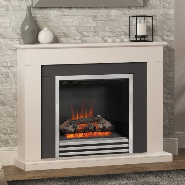 FLARE Preston 46&quot; Timber Electric Fireplace In Matt Cashmere Finish With Widescreen Chrome Electric Fire Pictured In A Room Setting