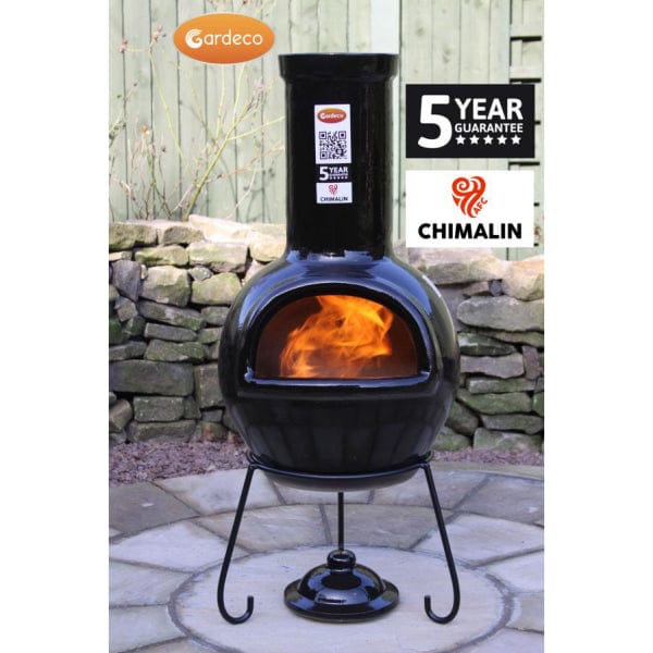 Gardeco Sempra Large Black Chimalin AFC Chiminea With Burning Logs Inside In A Garden Setting | SKU: AFC-C21.75 | Barcode: 5031599044613