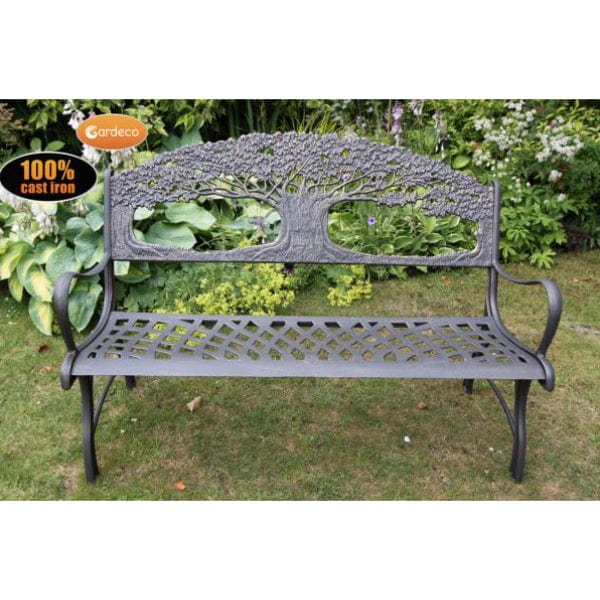 Gardeco Cast Iron Bench With Tree In A Garden Setting | SKU: BENCH-TREE | Barcode: 5031599039459