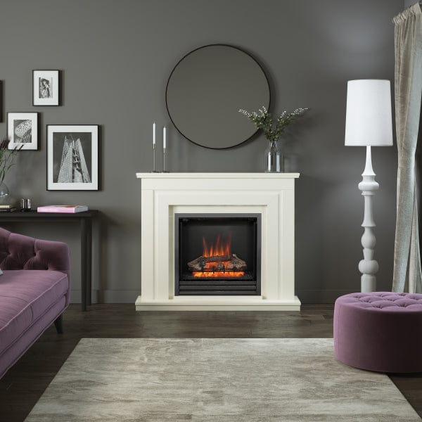 FLARE Whitham 48" Timber Electric Fireplace In Soft White Painted Finish With Integrated Widescreen Electric Fire In Black Nickel Pictured In A Room Setting