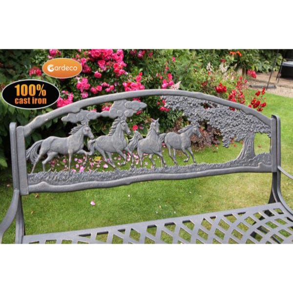 Gardeco Country Cast Iron Bench With Horses And Tree In A Garden Setting | SKU: BENCH-COUNTRY | Barcode: 5031599039442