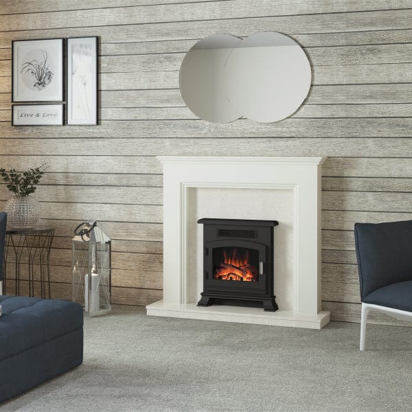 FLARE Westerdale 48" Timber Fireplace Surround In Soft White Finish Shown Here With White Micro Marble Back Panel And Hearth With Integrated FLARE Banbury 16" Inset Electric Stove In A Room Setting