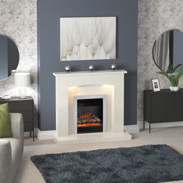 FLARE Isabelle 45" Manila Micro Marble Fireplace Surround With Undermantel Lighting And Integrated FLARE Athena 16" Inset Electric Fire In Chrome Finish Pictured In A Room Setting