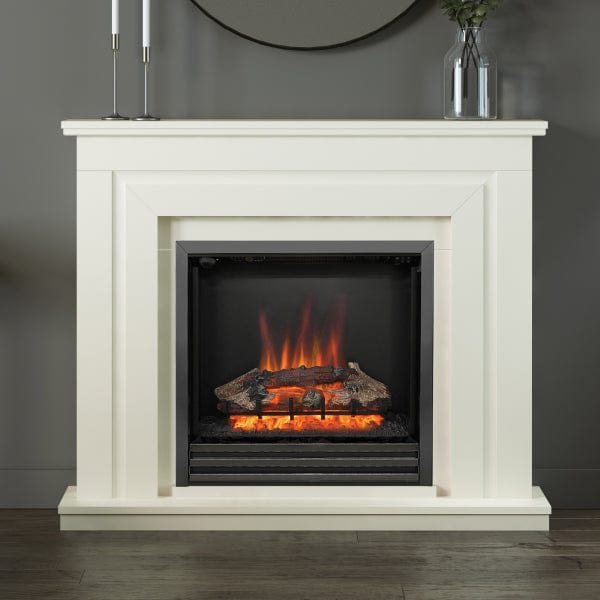 FLARE Whitham 48&quot; Timber Electric Fireplace In Soft White Painted Finish With Integrated Widescreen Electric Fire In Black Nickel Pictured In A Room Setting