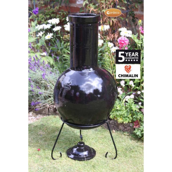 Back View Of Gardeco Sempra Large Black Chimalin AFC Chiminea In A Garden Setting | SKU: AFC-C21.75 | Barcode: 5031599044613