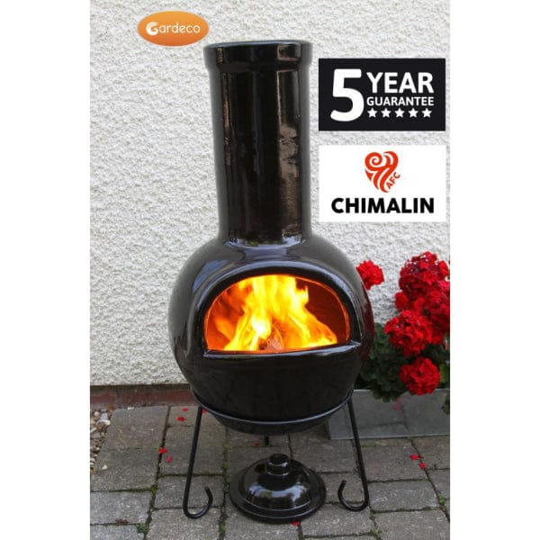 Gardeco Sempra Large Black Chimalin AFC Chiminea With Burning Logs Inside In A Garden Setting | SKU: AFC-C21.75 | Barcode: 5031599044613