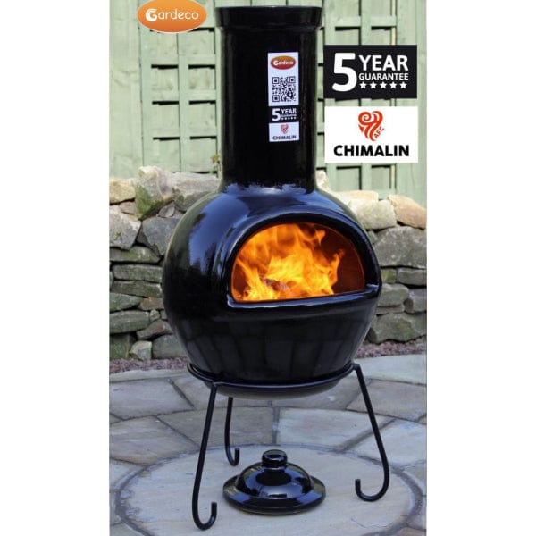 Gardeco Sempra Large Black Chimalin AFC Chiminea With Burning Logs Inside In A Garden Setting | SKU: AFC-C21.75 | Barcode: 5031599044613