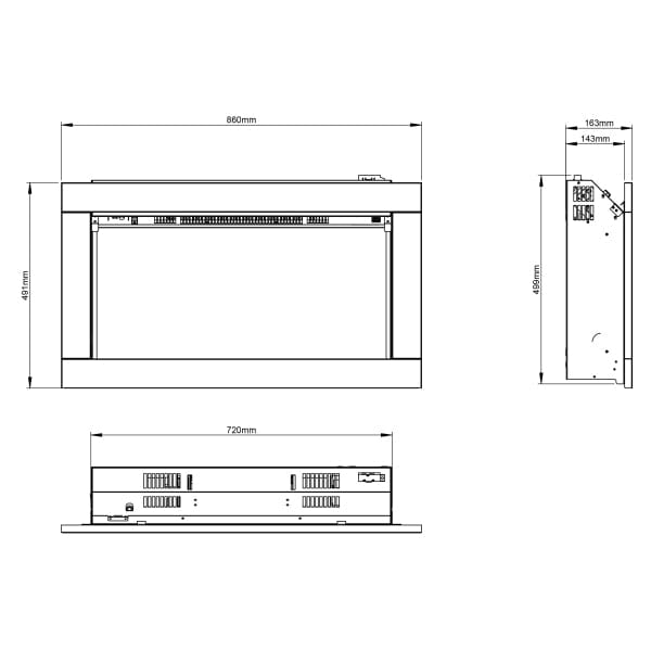 Dimensions Of FLARE Avella 34" Inset Wall Mounted Electric Fire