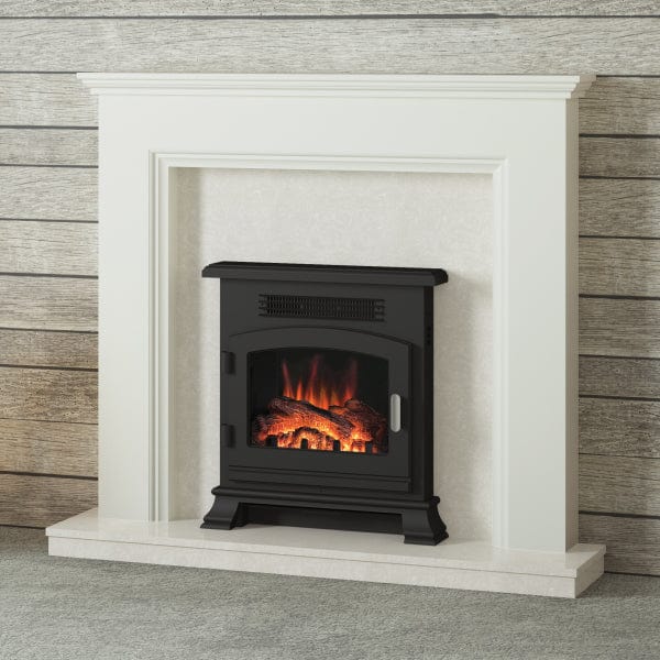 FLARE Westerdale 48&quot; Timber Fireplace Surround In Soft White Finish Shown Here With White Micro Marble Back Panel And Hearth With Integrated FLARE Banbury 16&quot; Inset Electric Stove In A Room Setting