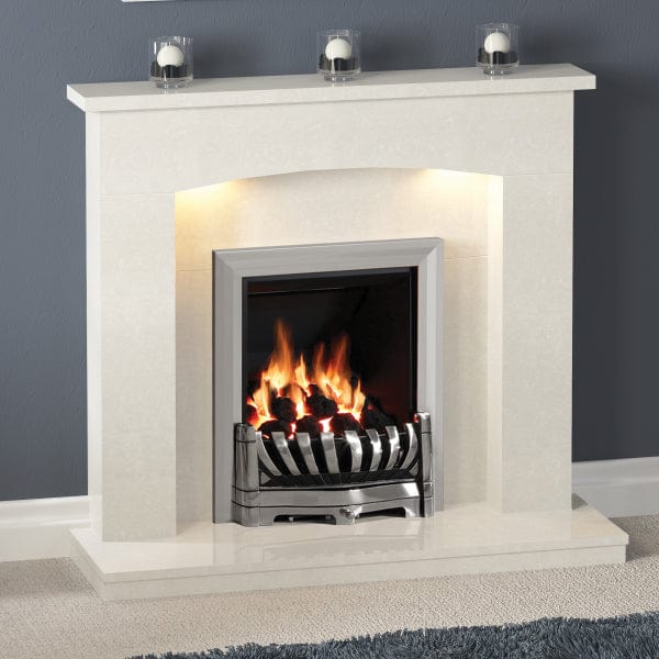 FLARE Isabelle 45&quot; Manila Micro Marble Fireplace Surround With Undermantel Lighting And Integrated FLARE Avantgarde 16&quot; Inset Gas Fire Pictured In A Room Setting