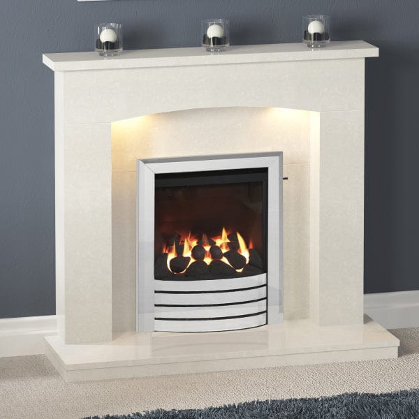 FLARE Isabelle 45" Manila Micro Marble Fireplace Surround With Undermantel Lighting And Integrated FLARE Gas Fire In A Room Setting