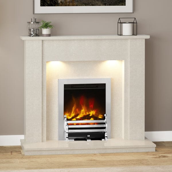 FLARE Elda 48&quot; Manila Micro Marble Electric Fireplace With Undermantel Lights And FLARE Beam Electric Fire Pictured In A Room Setting