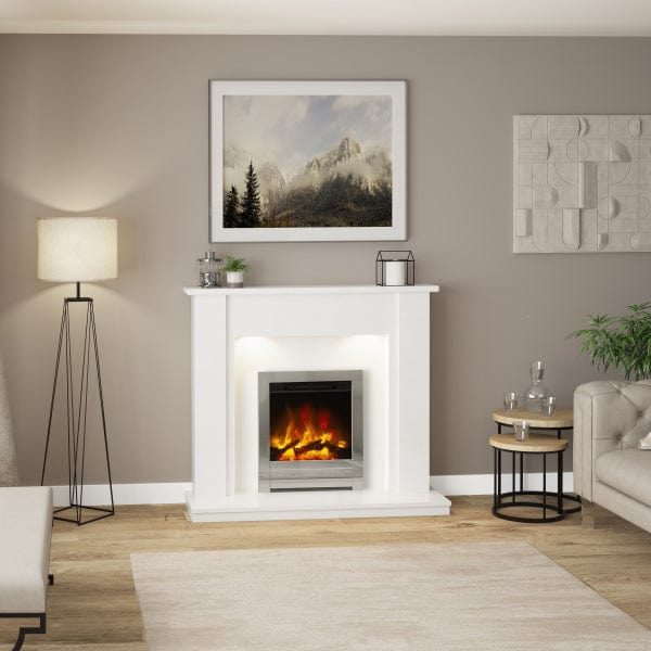 FLARE Elda 48" White Micro Marble Electric Fireplace With Undermantel Lights And FLARE Beam Electric Fire Pictured In A Room Setting