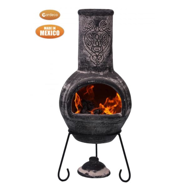 Gardeco Wulfryc Charcoal Grey Chimenea With Celtic Stylised Wolf With Burning Logs Inside | SKU: C21W.55 | Barcode: 5031599049779