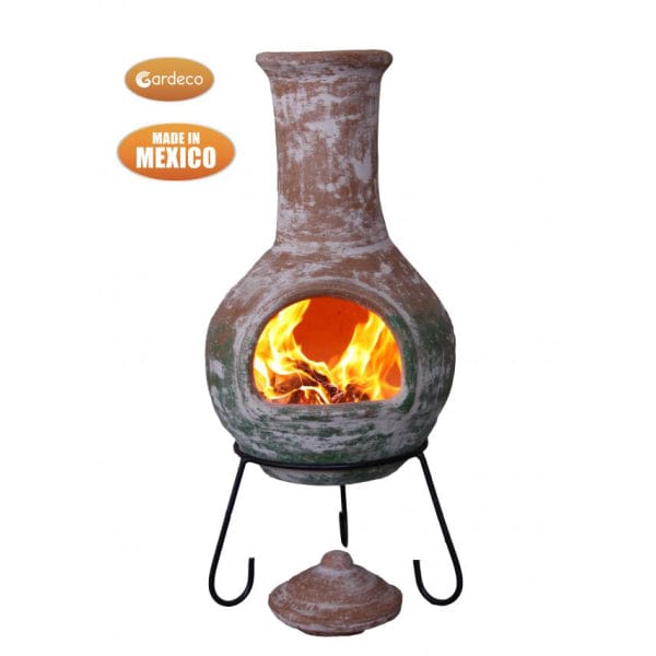 Gardeco Colima Mexican Chiminea With Natural Clay Top &amp; Green Bottom With Burning Logs Inside | SKU: C8C.70 | Barcode: 5031599049489