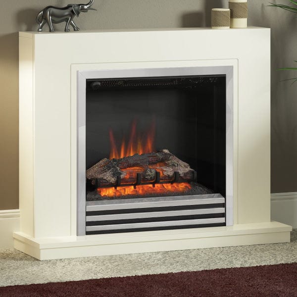 FLARE Colby 38" Timber Electric Fireplace In Soft White Finish With Integrated Widescreen Electric Fire In Chrome Pictured In A Room Setting