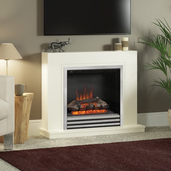 FLARE Colby 38&quot; Timber Electric Fireplace In Soft White Finish With Integrated Widescreen Electric Fire In Chrome Pictured In A Room Setting