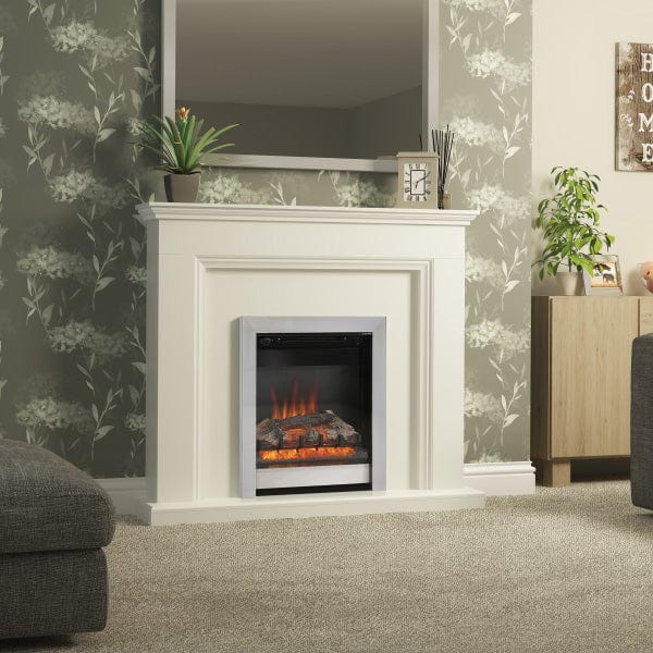 FLARE Westcroft 48" Timber Electric Fireplace With Integrated FLARE Athena 18" Inset Electric Fire In Chrome Pictured In A Room Setting