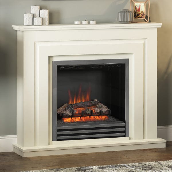 FLARE Whitham 48" Timber Electric Fireplace In Soft White Painted Finish With Integrated Widescreen Electric Fire In Black Nickel Pictured In A Room Setting