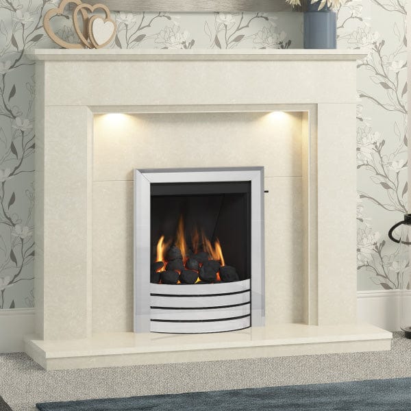 FLARE Madalyn Micro Marble Fireplace Surround With Smartsense Undermantel Lighting Complete With FLARE Gas Fire And Pictured In A Room Setting