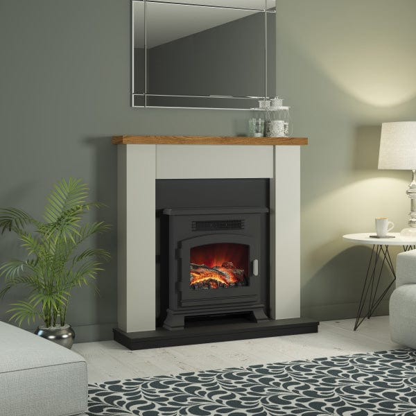 FLARE 42" Ravensdale Timber Electric Stove Suite In Stone Finish With Anthracite Back Panel & Hearth And Country Oak Top With FLARE Banbury 16" Inset Electric Stove Pictured In A Room Setting