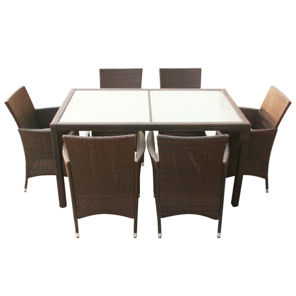 VidaXL Brown Poly Rattan 7 Piece Outdoor Dining Set With Cushions | SKU: 43127 | UPC: 8718475506904