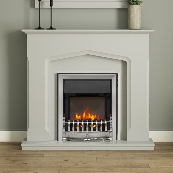 FLARE Bramwell 45" Timber Electric Fireplace In Light Grey Finish With Integrated FLARE Fazer 16" Inset Electric Fire In Chrome Pictured In A Room Setting