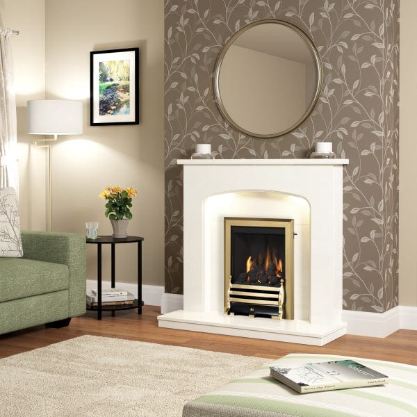 FLARE Tasmin 42" White Micro Marble Fireplace Surround With Undermantel Lighting Pictured In A Room Setting