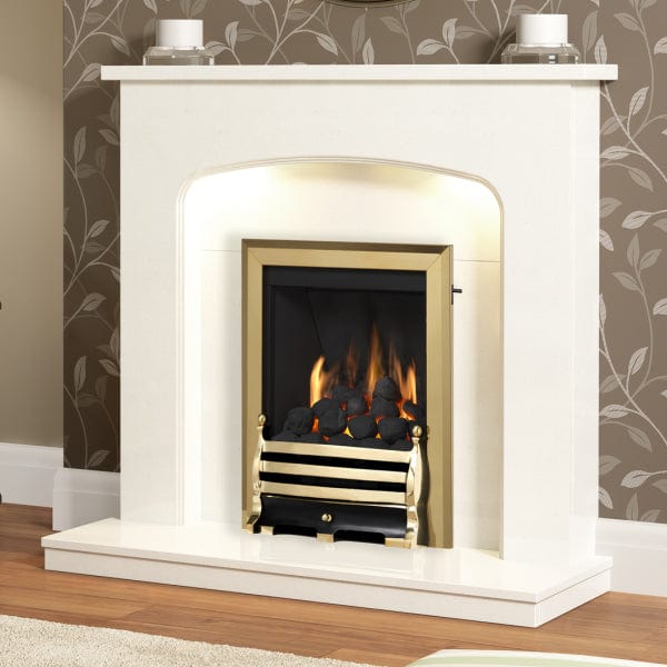 FLARE Tasmin 42&quot; White Micro Marble Fireplace Surround With Undermantel Lighting Pictured In A Room Setting