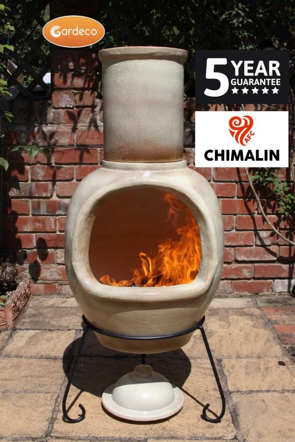 Gardeco Asteria Extra Large Cappuccino Chimalin AFC Chiminea With Burning Fuel Inside In A Garden Setting | SKU: AFC-C51.73 | Barcode: 5031599044552