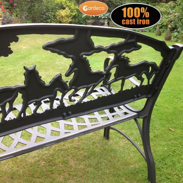 Gardeco Country Cast Iron Bench With Horses And Tree In A Garden Setting | SKU: BENCH-COUNTRY | Barcode: 5031599039442