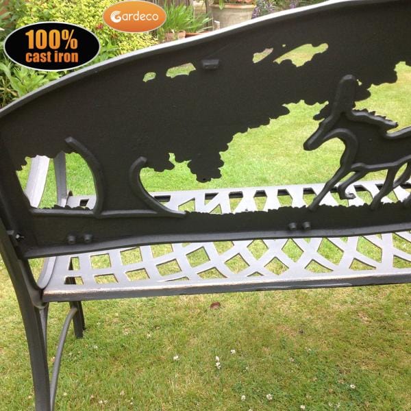 Gardeco Country Cast Iron Bench With Horses And Tree In A Garden Setting | SKU: BENCH-COUNTRY | Barcode: 5031599039442