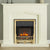 FLARE Bramwell 45" Timber Electric Fireplace In Soft White Finish With Integrated FLARE Fazer 16" Inset Electric Fire In Brass Finish Pictured In A Room Setting