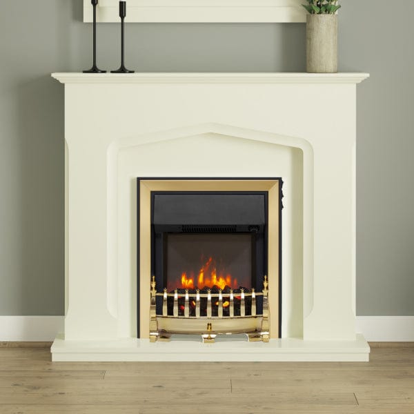 FLARE Bramwell 45&quot; Timber Electric Fireplace In Soft White Finish With Integrated FLARE Fazer 16&quot; Inset Electric Fire In Brass Finish Pictured In A Room Setting